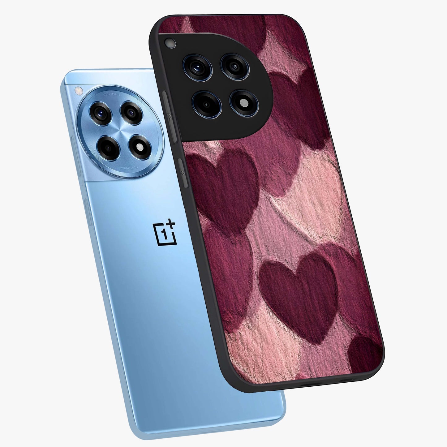Layered Paper Hearts Glass Case for 1+12R angled mockup showcasing glossy finish and soft romantic tones
