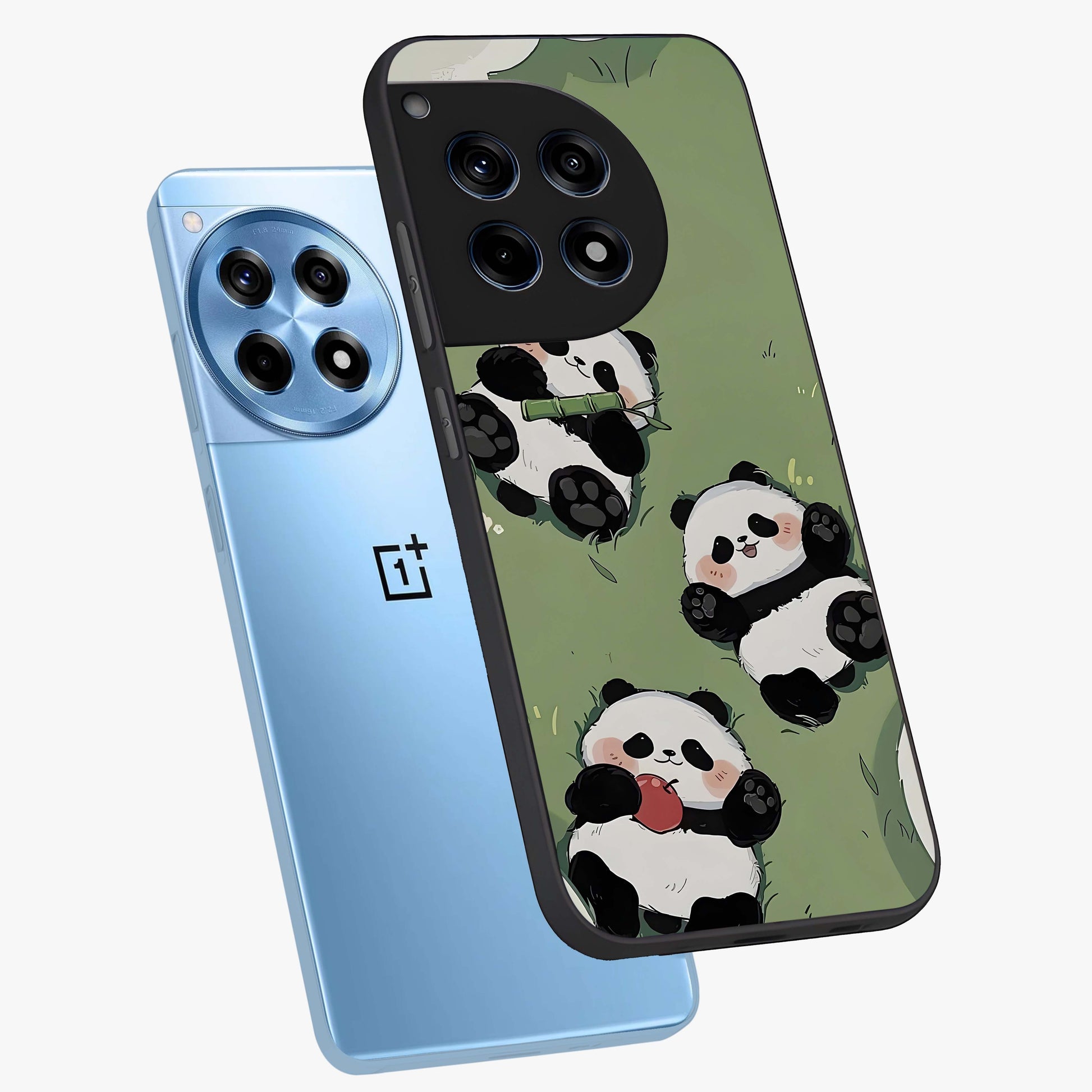 Lazy Panda Picnic Glass Case for 1+12R angled mockup showcasing glossy finish and vibrant cartoon detailing