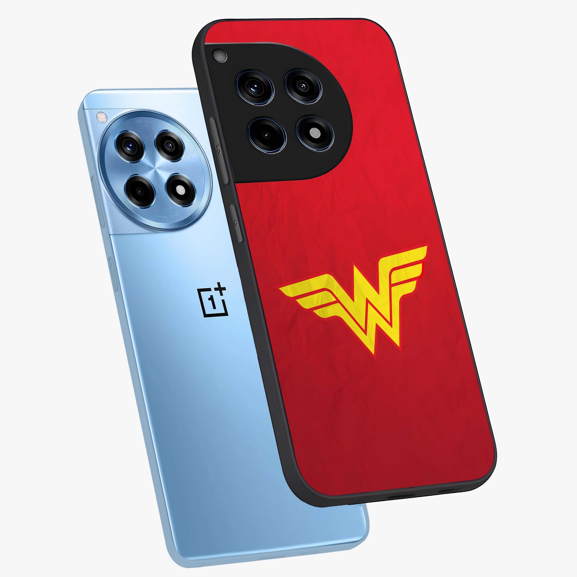 Legendary Wonder Power Glass Case for 1+12R angled mockup showcasing glossy finish and vibrant power tones