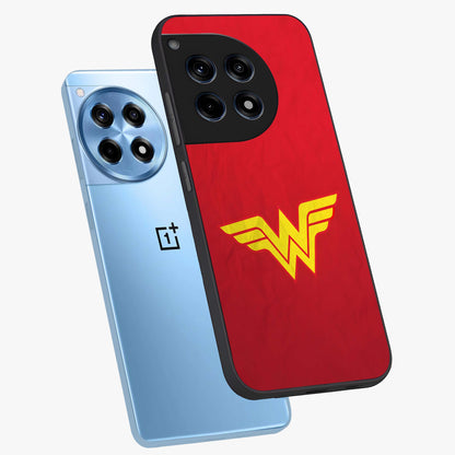 Legendary Wonder Power Glass Case for 1+12R angled mockup showcasing glossy finish and vibrant power tones