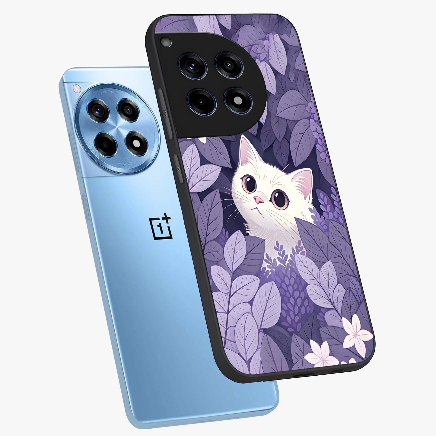 Lilac Hide Peek Cat Glass Case for 1+12R angled mockup showcasing glossy finish and cute character detailing