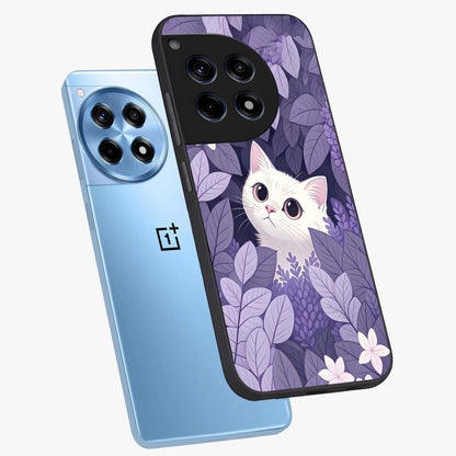Lilac Hide Peek Cat Glass Case for 1+12R angled mockup showcasing glossy finish and cute character detailing