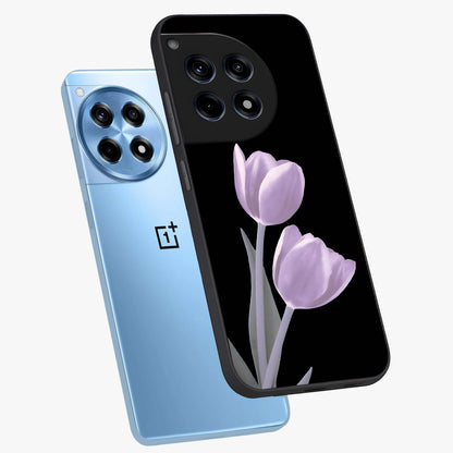 Lilac Tulip Flowers Glass Case for 1+12R angled mockup showcasing glossy finish and delicate bloom detailing