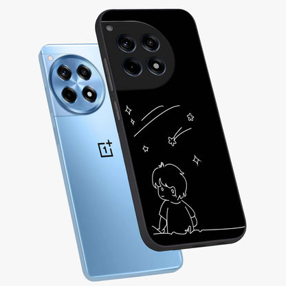 Line Art Boy With Shooting Stars Glass Case for 1+12R angled mockup showcasing glossy finish and clean monochrome detailing