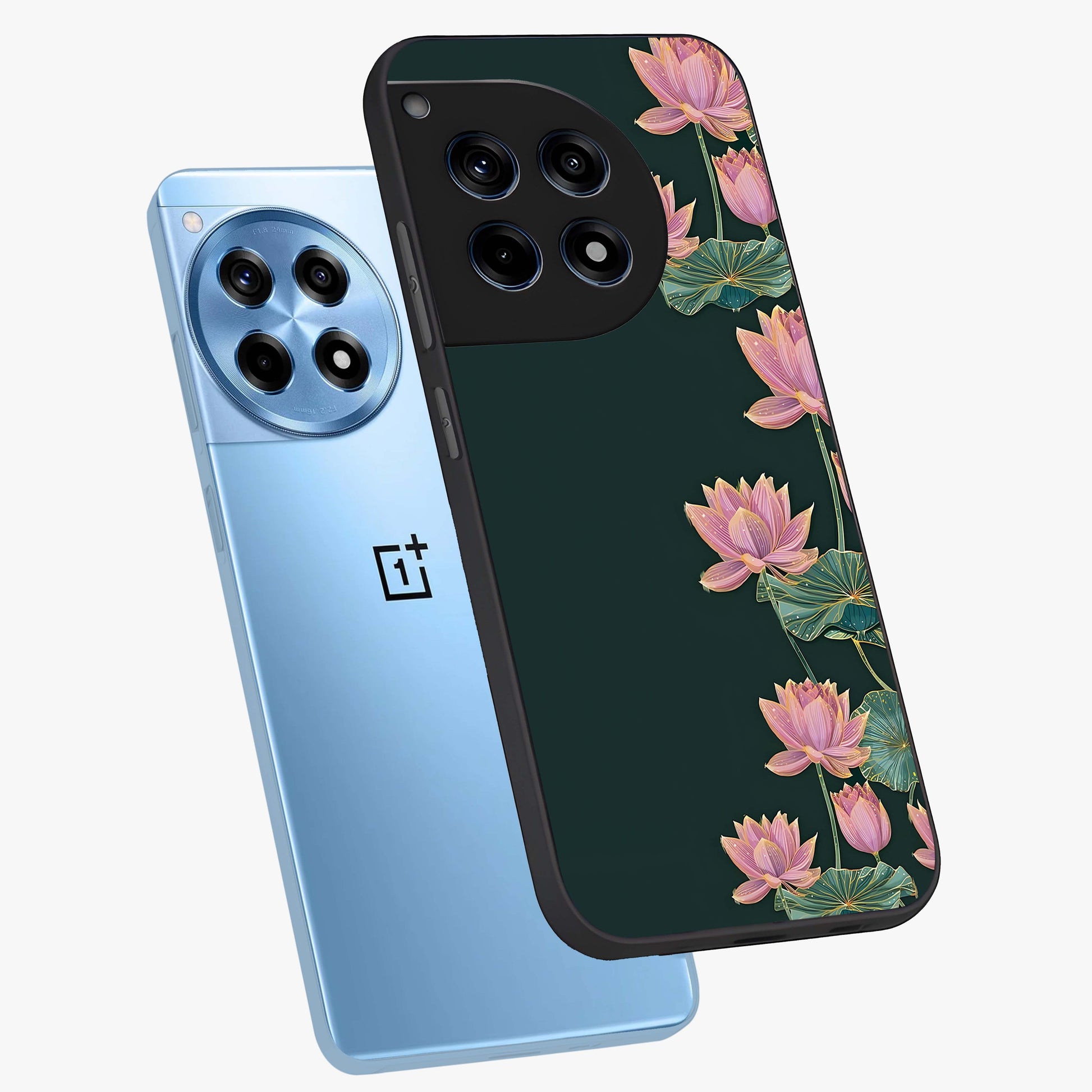 Lotus Bloom Serenity Glass Case for 1+12R angled mockup showcasing glossy glass finish and calming tones