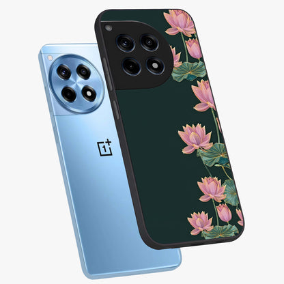 Lotus Bloom Serenity Glass Case for 1+12R angled mockup showcasing glossy glass finish and calming tones
