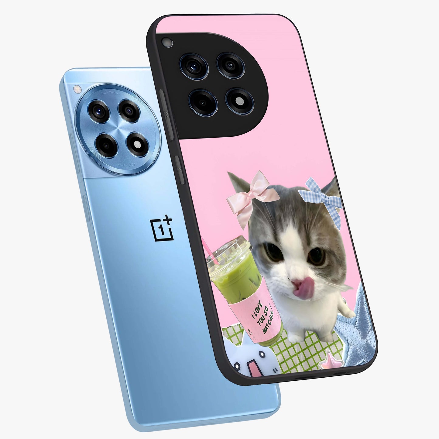 Love Matcha Cat Glass Case for 1+12R angled mockup showcasing glossy finish and playful pastel tones