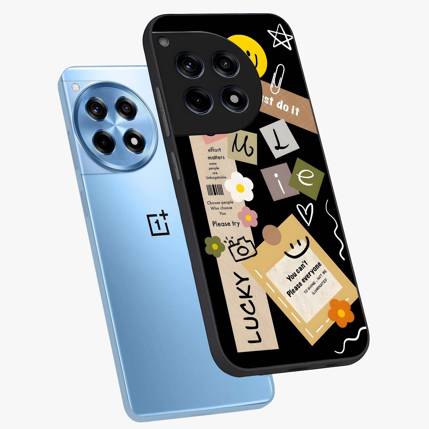 Lucky Aesthetic Collage Case Glass Case for 1+12R angled mockup showcasing glossy finish and colorful textures