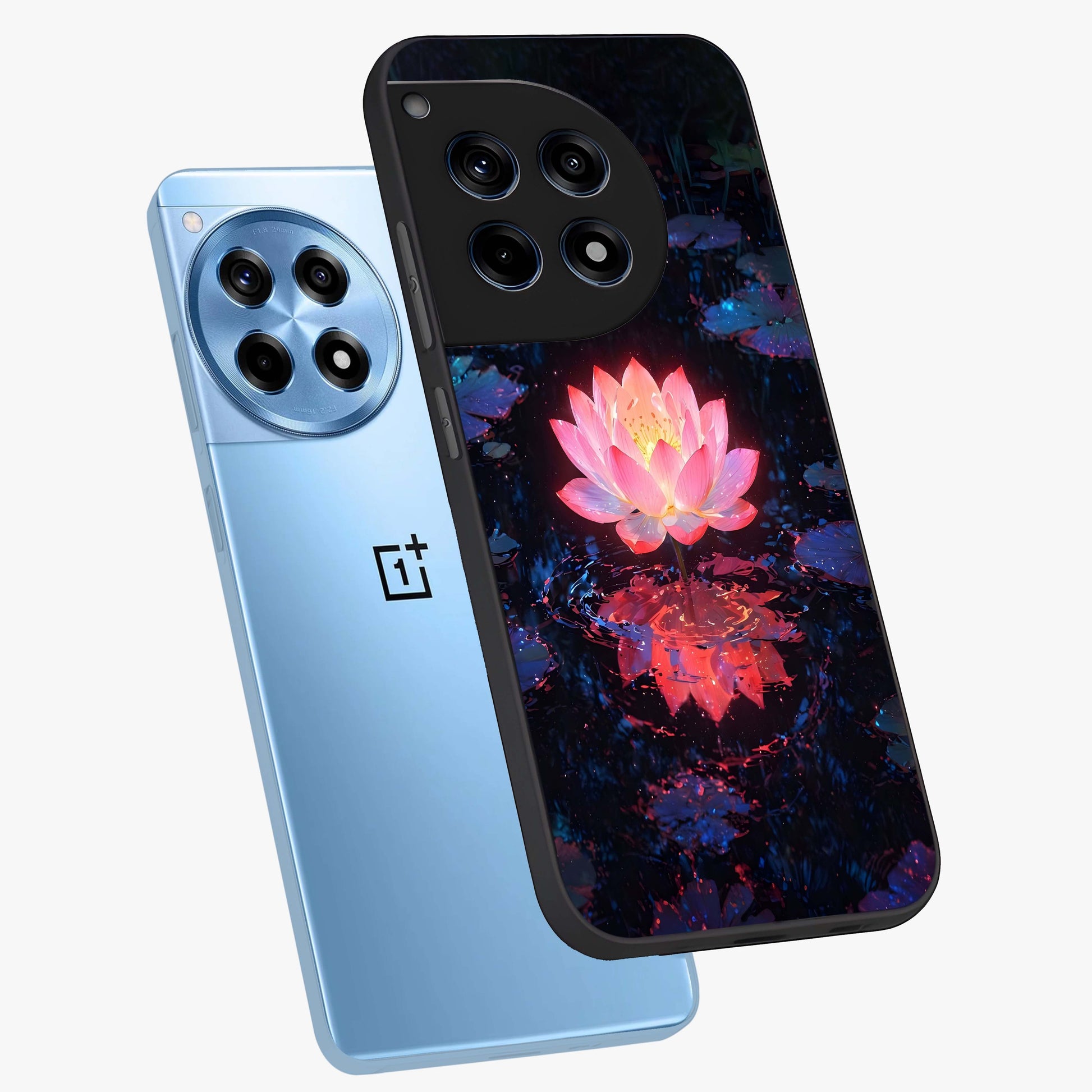 Luminous Lotus Glow Glass Case for 1+12R angled mockup showcasing glossy finish and warm luminous tones