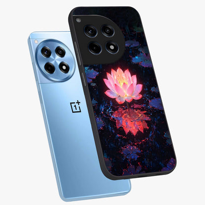 Luminous Lotus Glow Glass Case for 1+12R angled mockup showcasing glossy finish and warm luminous tones