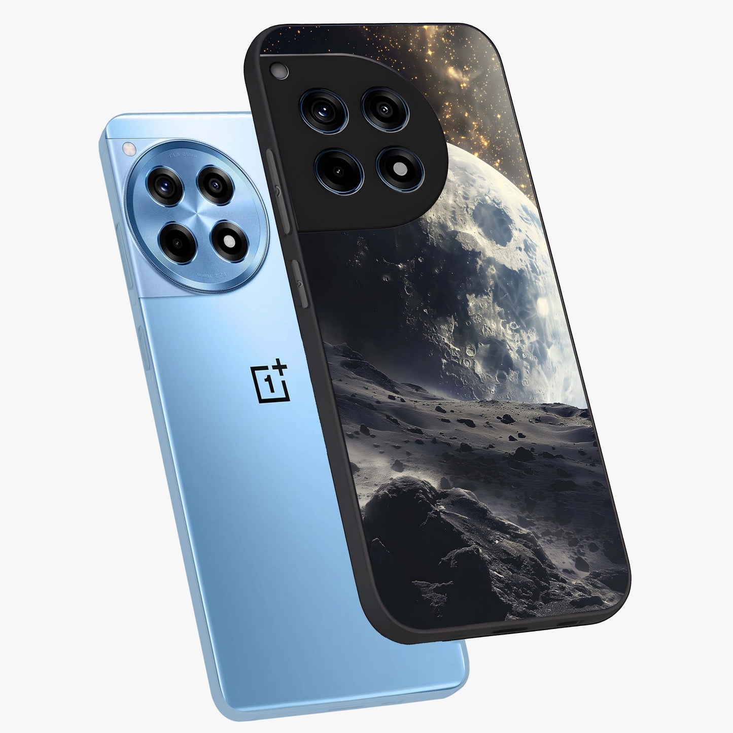 Lunar Horizon Glow Glass Case for 1+12R angled mockup showcasing glossy finish and warm night tones