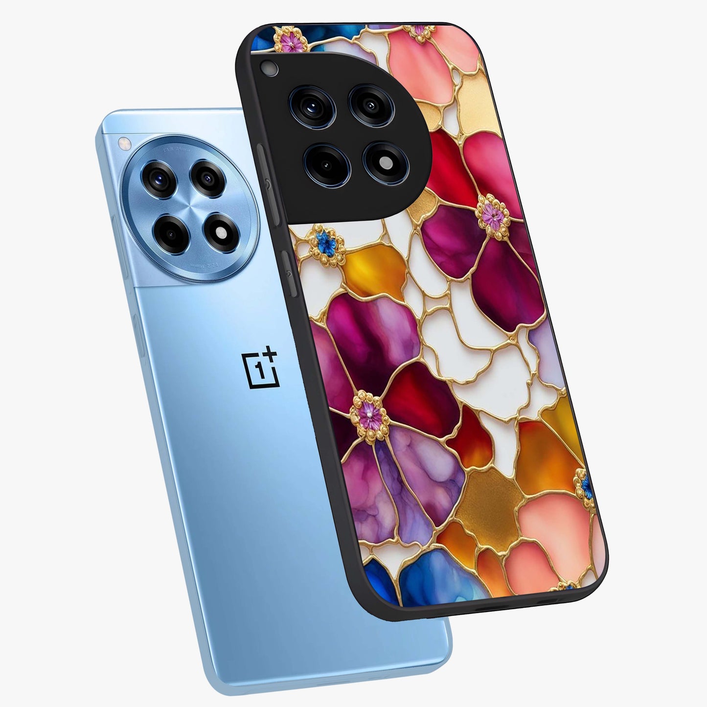 Marble Flower Pattern Glass Case for 1+12R angled mockup showcasing glossy finish and detailed bloom accents