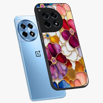 Marble Flower Pattern Glass Case for 1+12R angled mockup showcasing glossy finish and detailed bloom accents