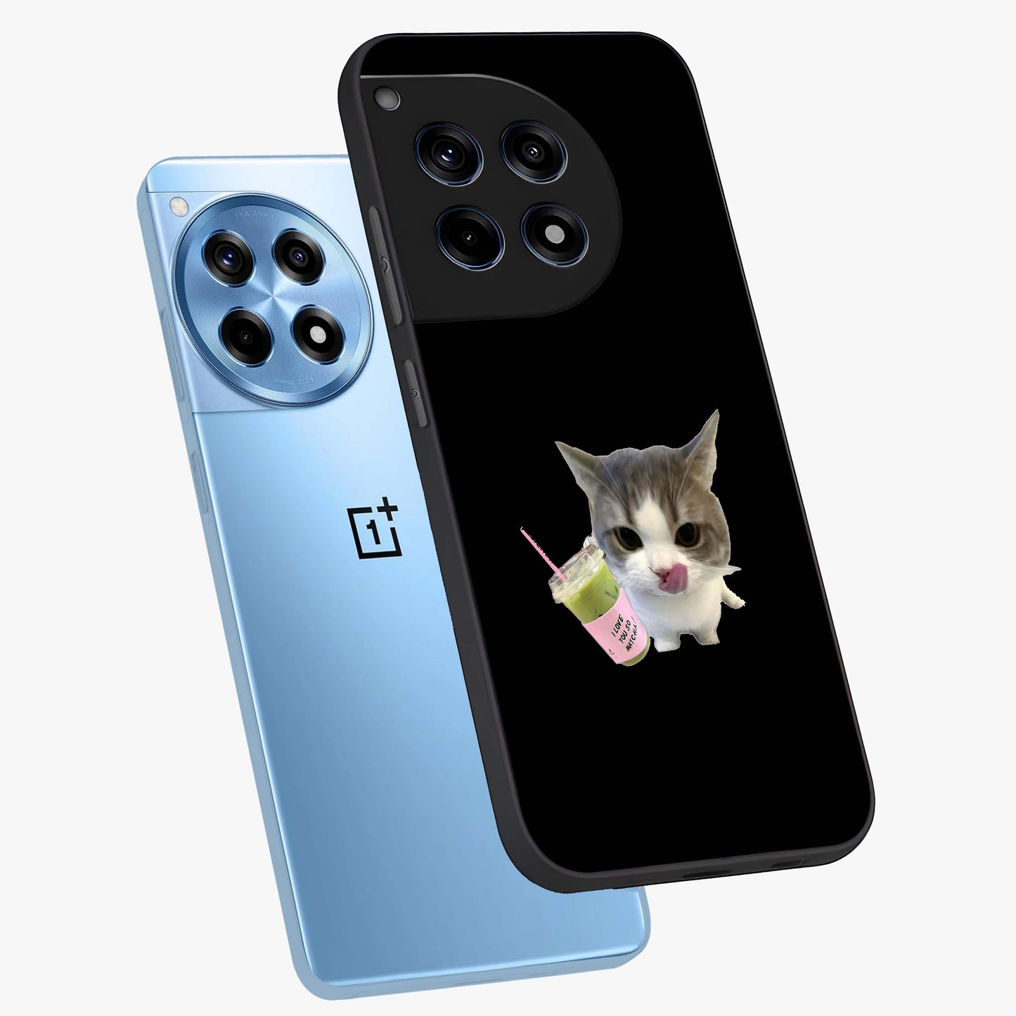 Matcha Cat Style Glass Case for 1+12R angled mockup showcasing glossy glass finish and playful pastel detailing
