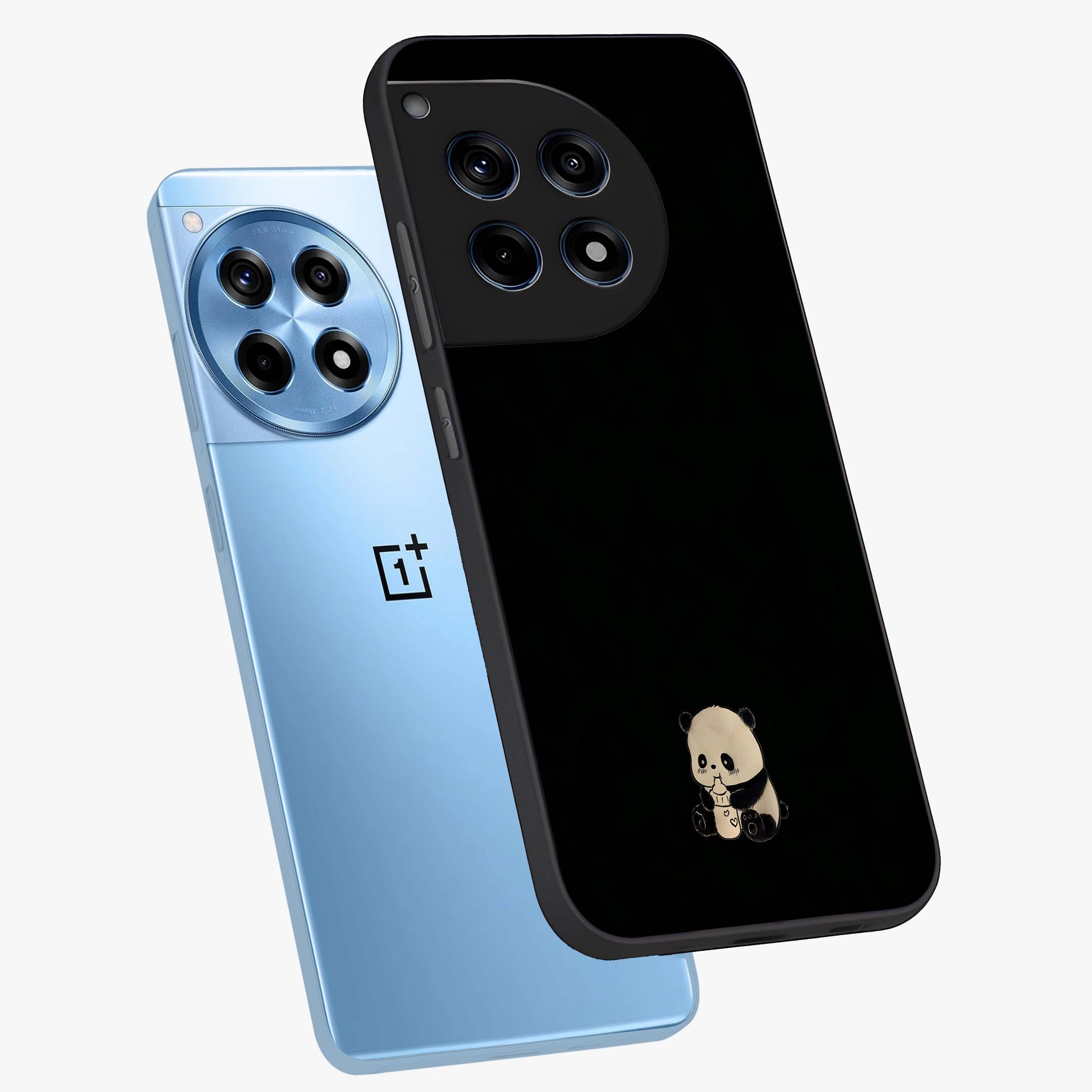Midnight Panda Love Glass Case for 1+12R angled mockup showcasing glossy finish and soft contrast tones