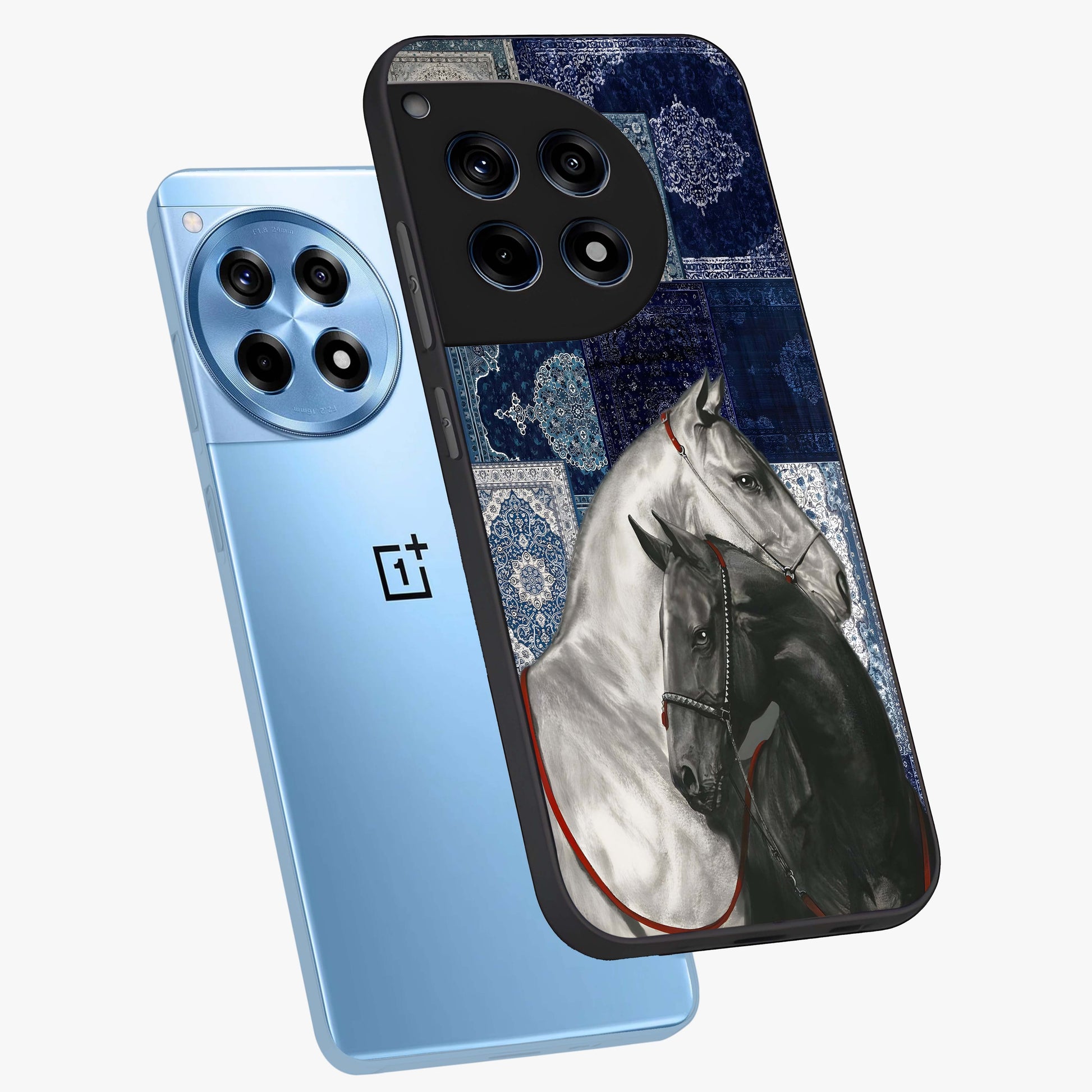 Midnight Stallion Blues Glass Case for 1+12R angled mockup showcasing glossy finish and dramatic equestrian detailing