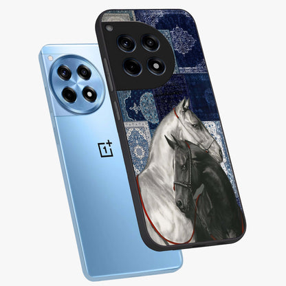 Midnight Stallion Blues Glass Case for 1+12R angled mockup showcasing glossy finish and dramatic equestrian detailing