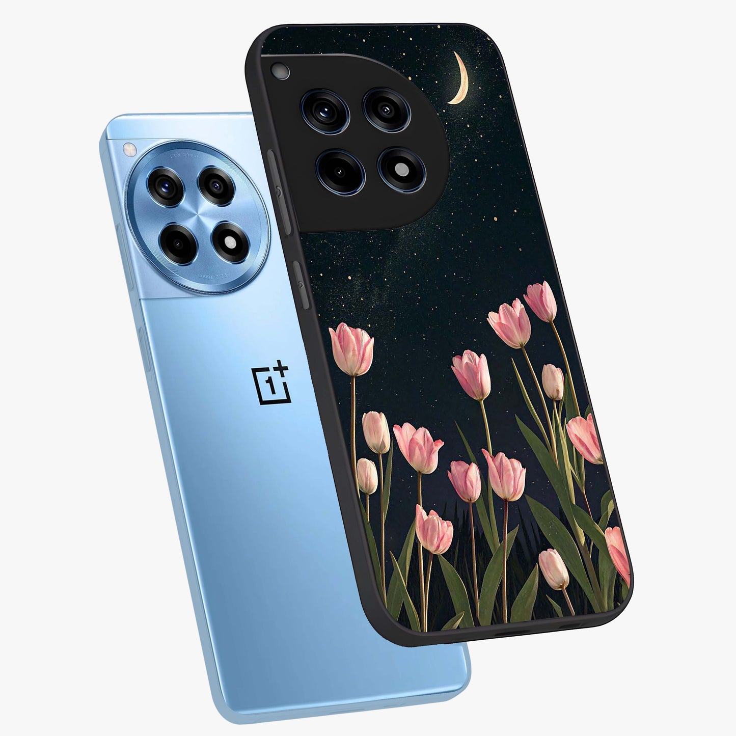 Midnight Tulip Whispers Vibe Glass Case for 1+12R angled mockup showcasing glossy finish and subtle bloom detailing