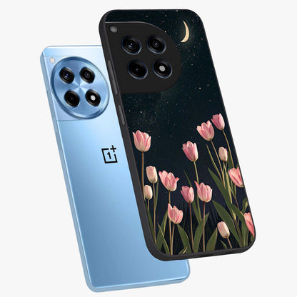 Midnight Tulip Whispers Vibe Glass Case for 1+12R angled mockup showcasing glossy finish and subtle bloom detailing