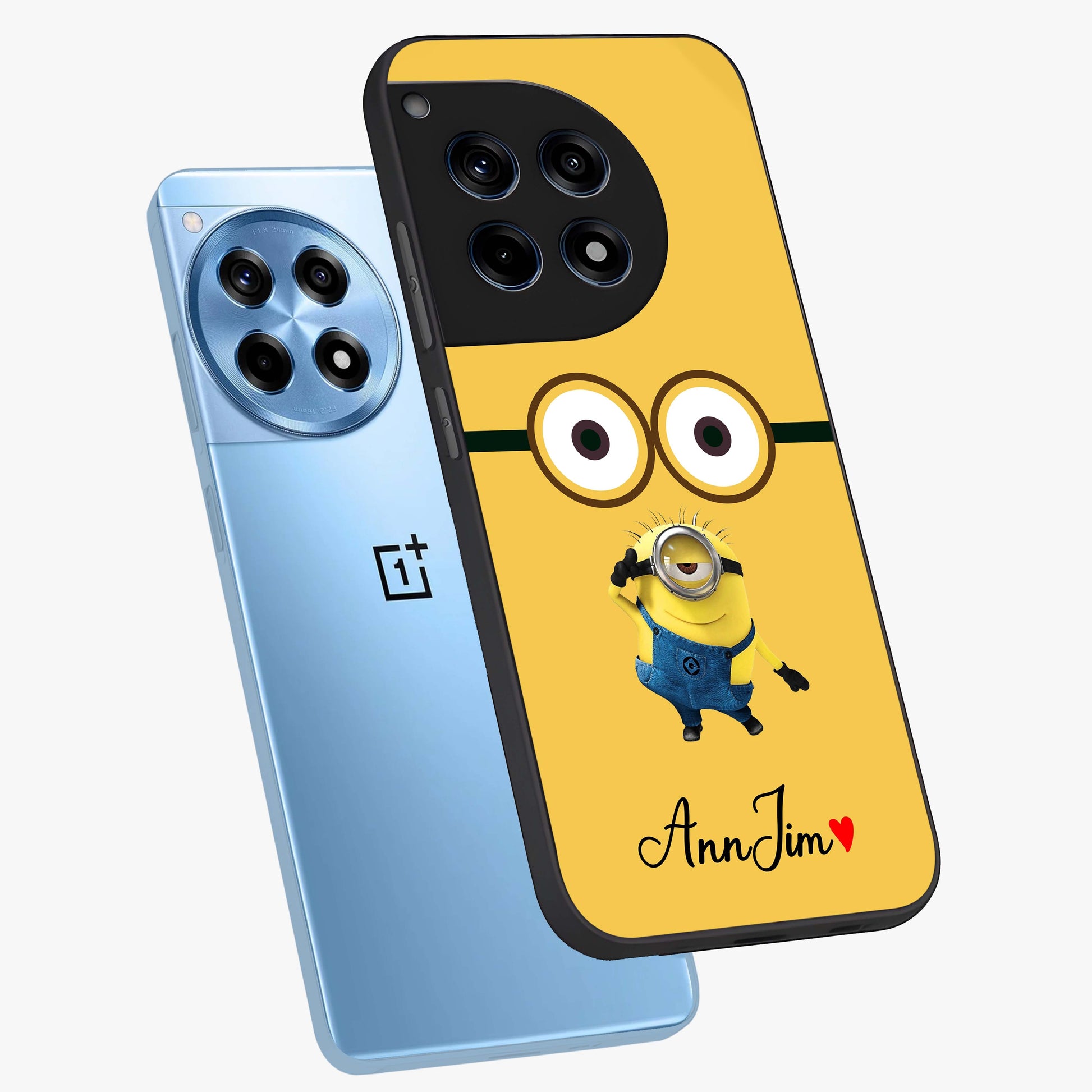 Minion Custom Name Glass Case for 1+12R angled mockup showcasing glossy finish and vibrant character detailing