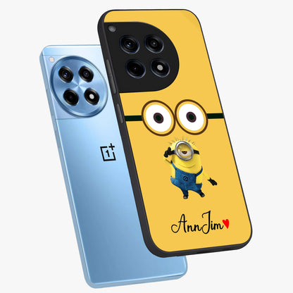 Minion Custom Name Glass Case for 1+12R angled mockup showcasing glossy finish and vibrant character detailing