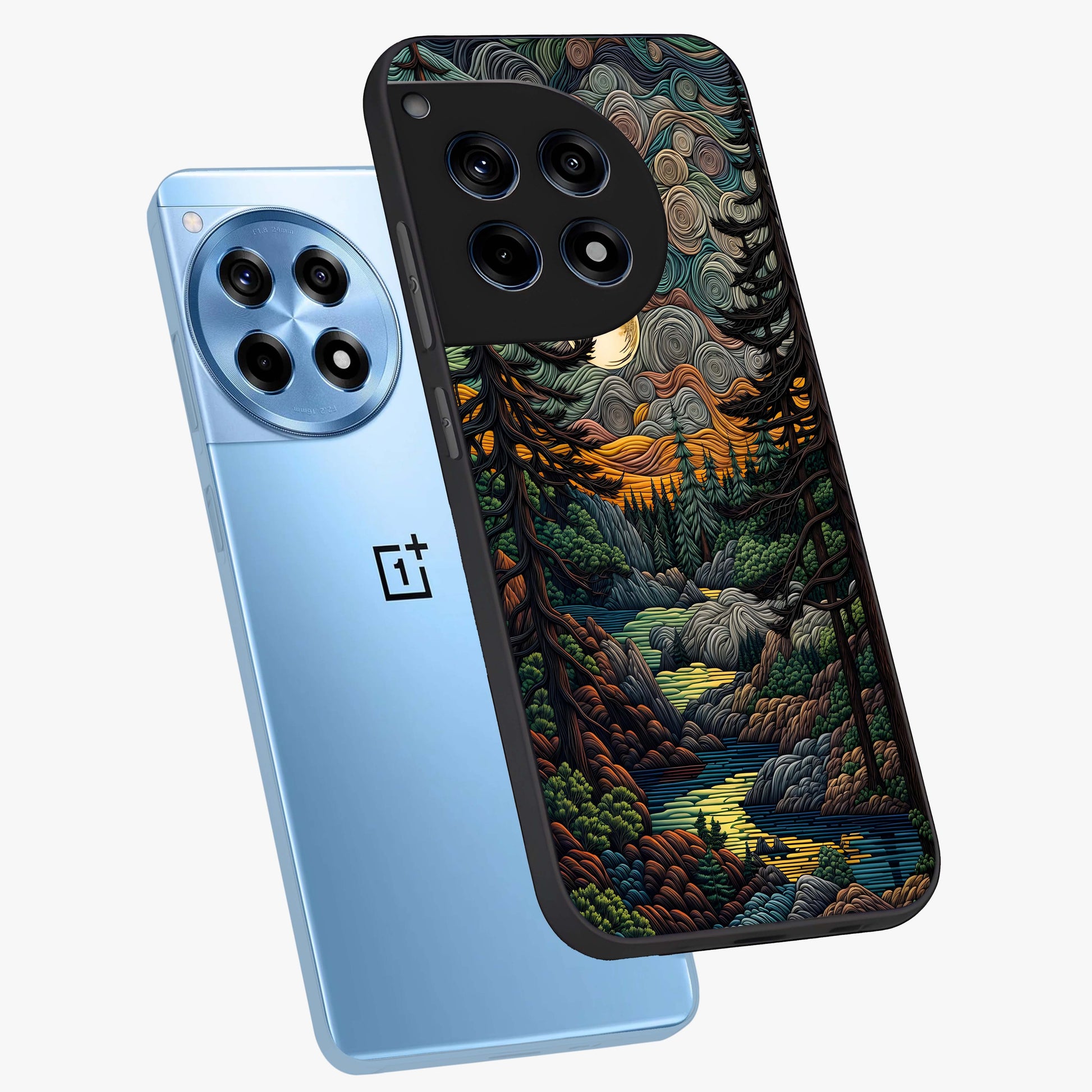 Moonlight Forest Dream Glass Case for 1+12R angled mockup showcasing glossy finish and deep night gradients
