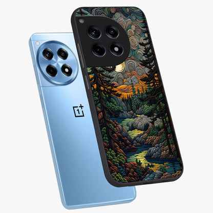 Moonlight Forest Dream Glass Case for 1+12R angled mockup showcasing glossy finish and deep night gradients