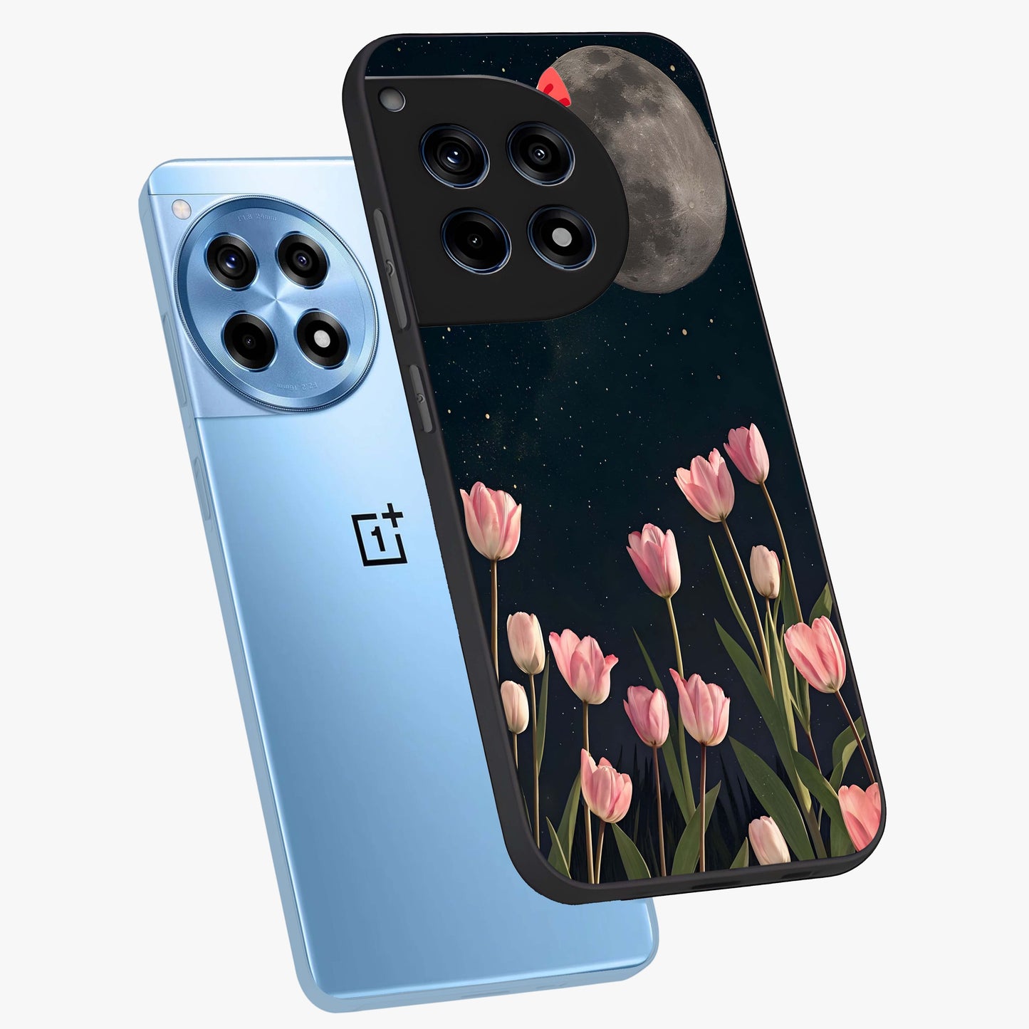 Moonlit Night Tulip Glass Case for 1+12R angled mockup showcasing glossy finish and soft luminous accents