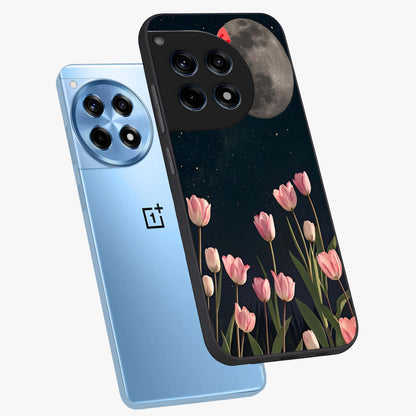 Moonlit Night Tulip Glass Case for 1+12R angled mockup showcasing glossy finish and soft luminous accents