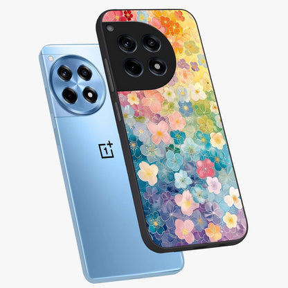 Multiple Background With Flower Glass Case for 1+12R angled mockup showcasing glossy glass finish and colorful detailing