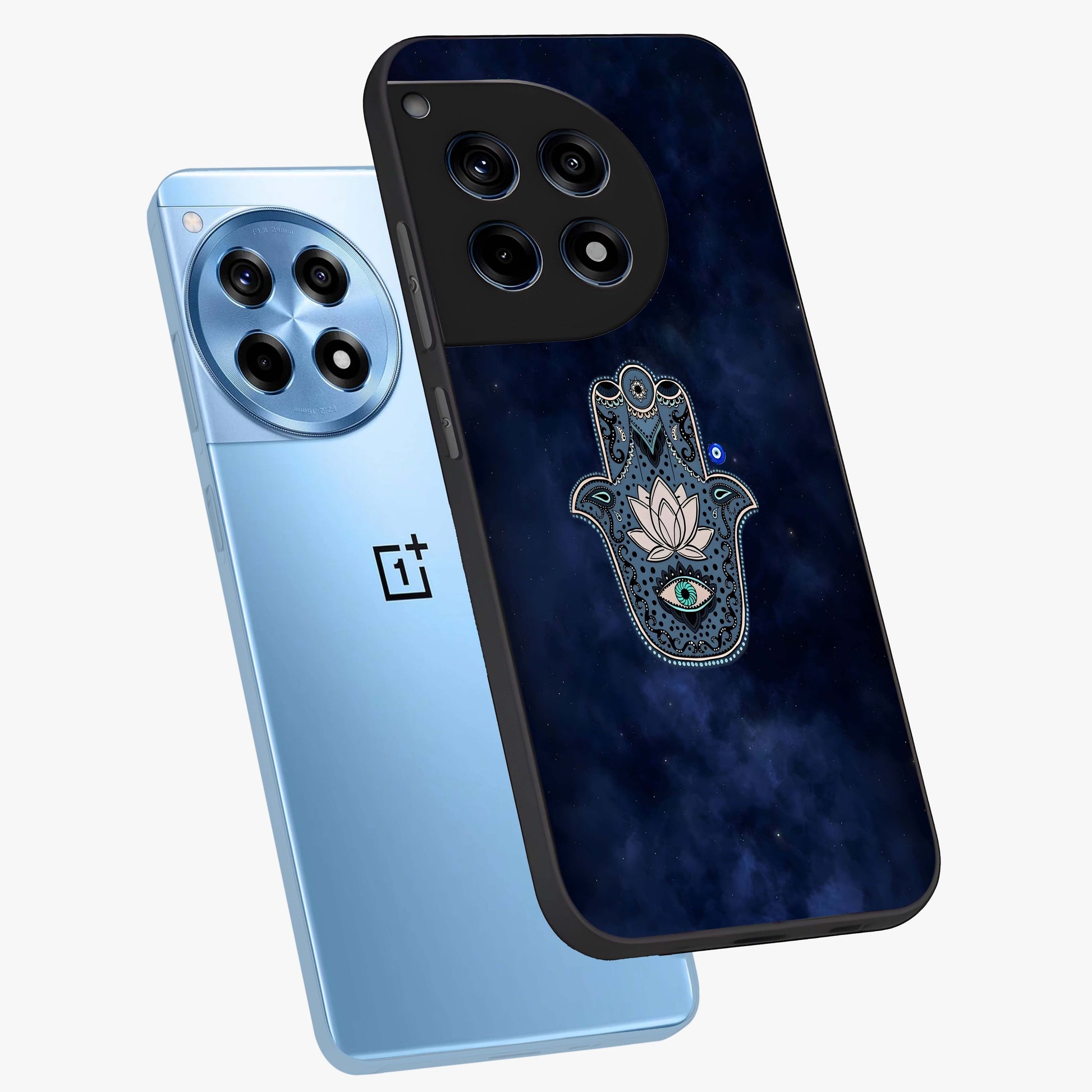Mystic Calm Shield Glass Case for 1+12R angled mockup showcasing glossy finish and subtle mystical detailing