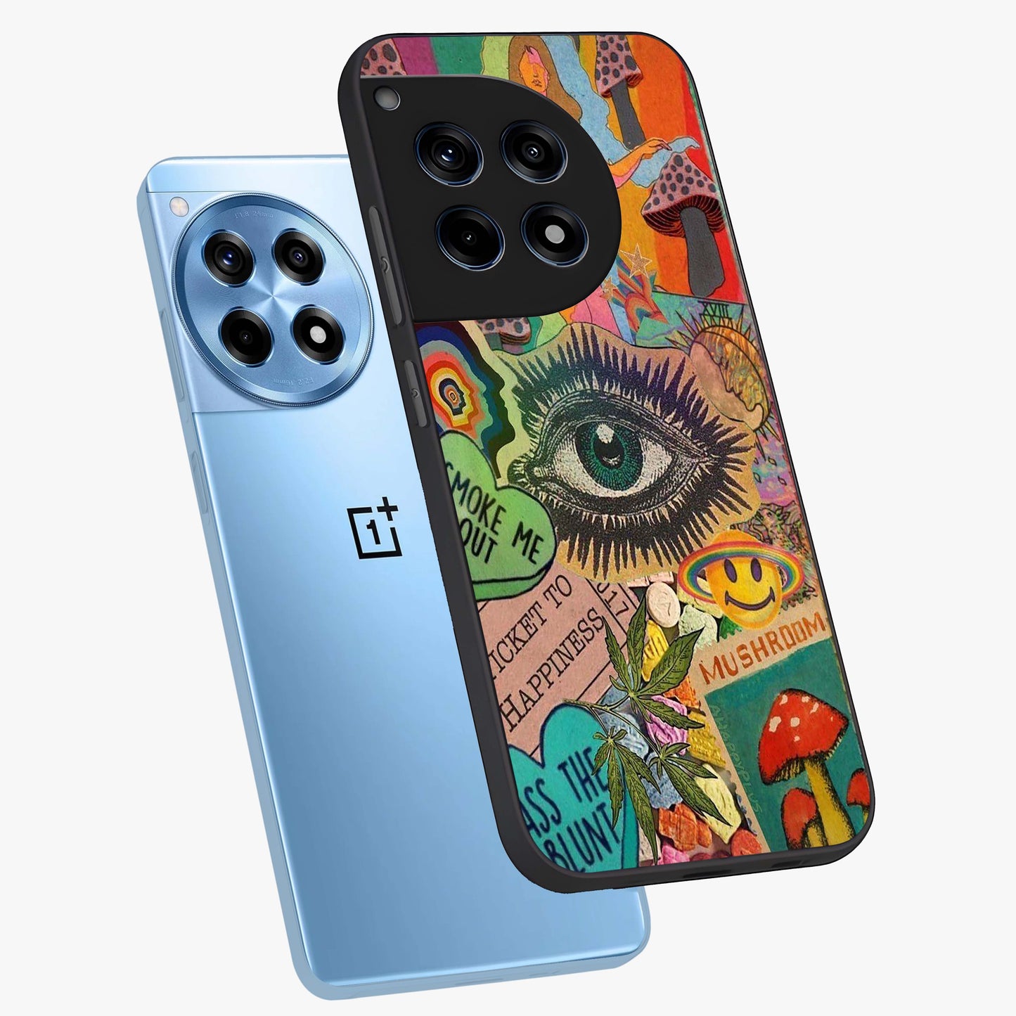 Mystic Eye Wonderland Glass Case for 1+12R angled mockup showcasing glossy finish and vibrant cosmic tones