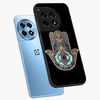 Mystic Hamsa Eye Glass Case for 1+12R angled mockup showcasing glossy finish and protective design elements