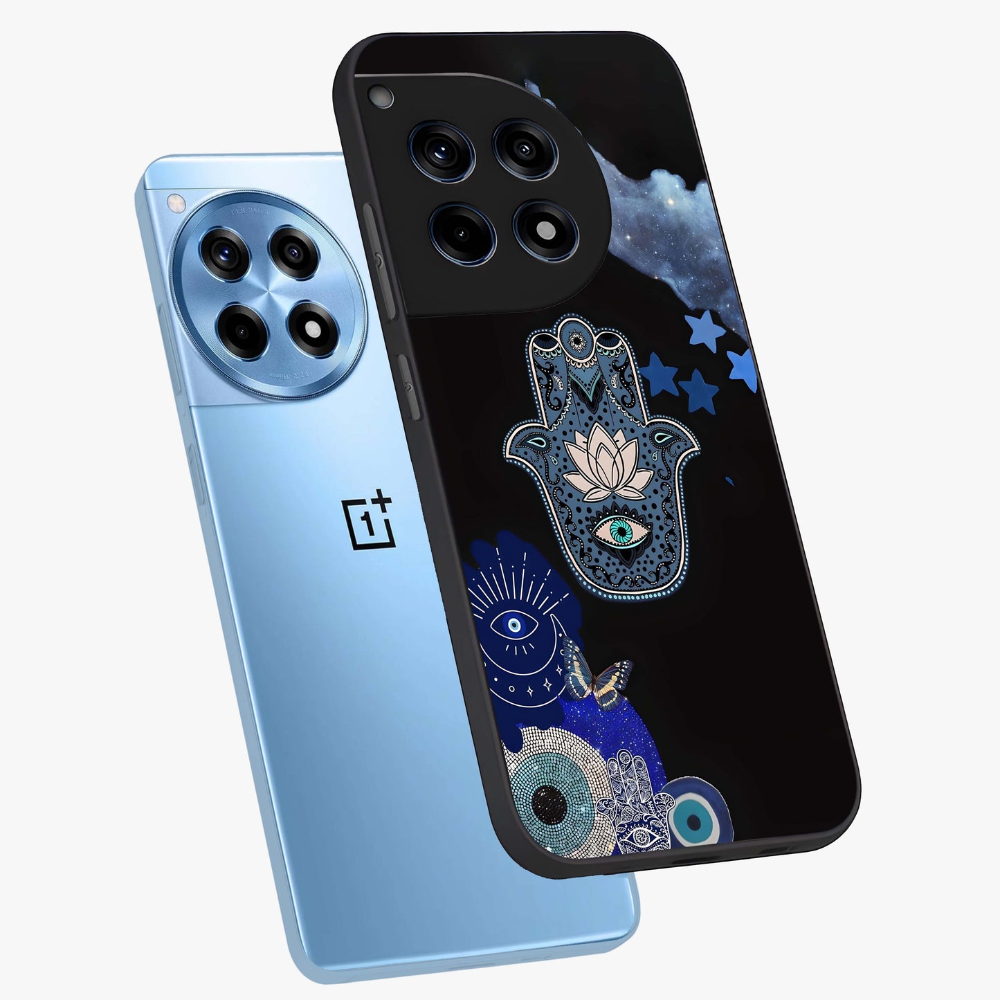 Mystic Hand Aura Glass Case for 1+12R angled mockup showcasing glossy finish and radiant mystical detailing