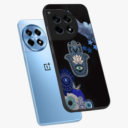 Mystic Hand Aura Glass Case for 1+12R angled mockup showcasing glossy finish and radiant mystical detailing