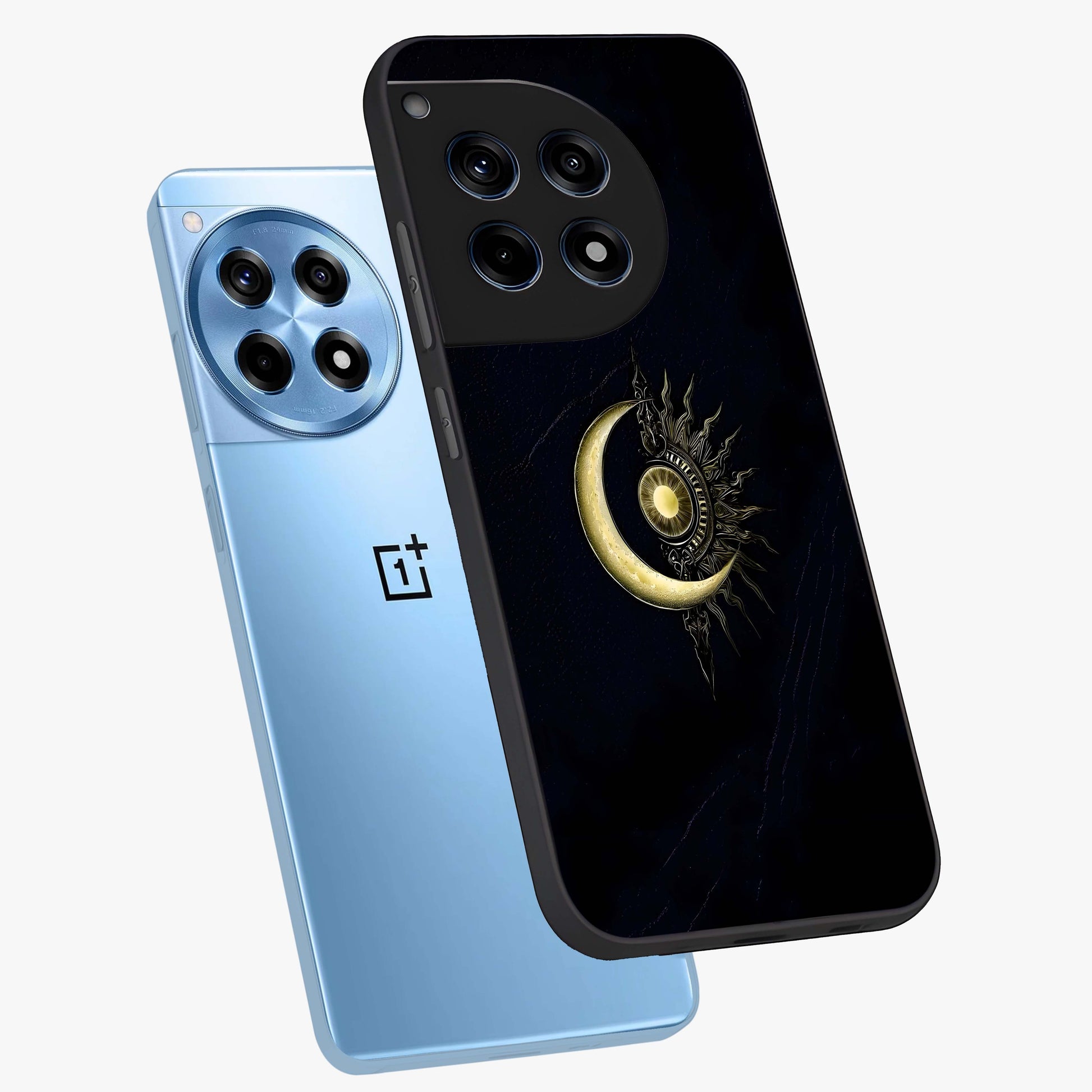 Mystic Lunar Flame Glass Case for 1+12R angled mockup showcasing glossy finish and glowing night tones