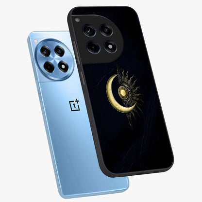 Mystic Lunar Flame Glass Case for 1+12R angled mockup showcasing glossy finish and glowing night tones