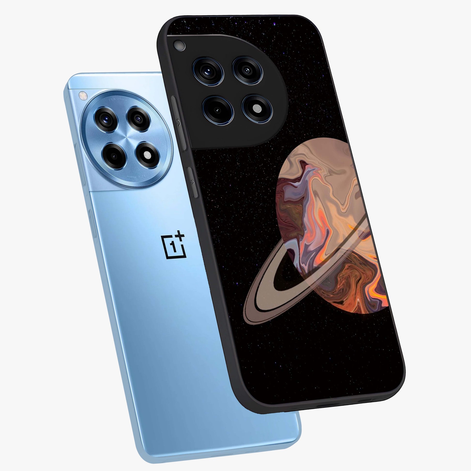 Mystic Saturn Aesthetic Glass Case for 1+12R angled mockup showcasing glossy finish and deep space gradients