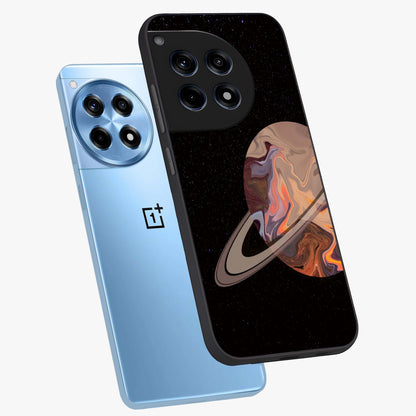 Mystic Saturn Aesthetic Glass Case for 1+12R angled mockup showcasing glossy finish and deep space gradients