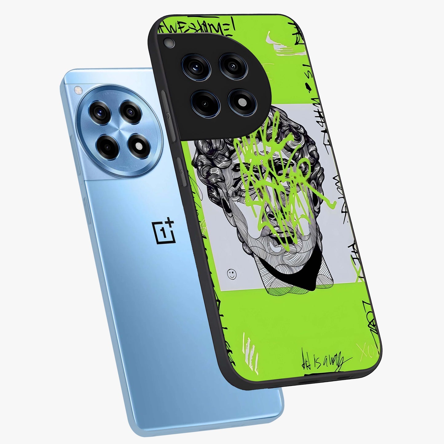 Neo Graffiti Rebellion Glass Case for 1+12R angled mockup showcasing glossy finish and urban neon detailing