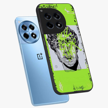 Neo Graffiti Rebellion Glass Case for 1+12R angled mockup showcasing glossy finish and urban neon detailing