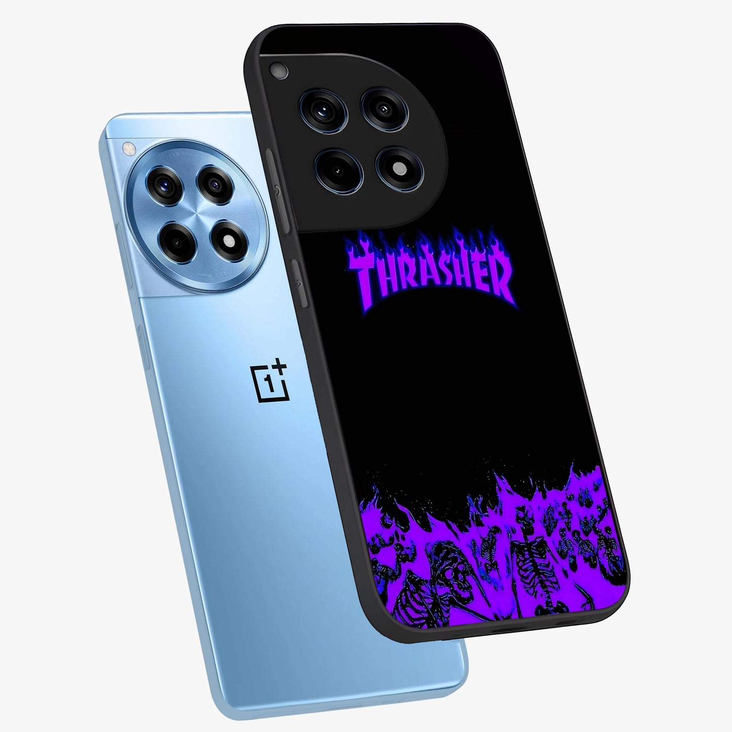 Neon Flame Riot Glass Case for 1+12R angled mockup showcasing glossy finish and high contrast colors