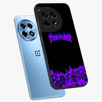 Neon Flame Riot Glass Case for 1+12R angled mockup showcasing glossy finish and high contrast colors