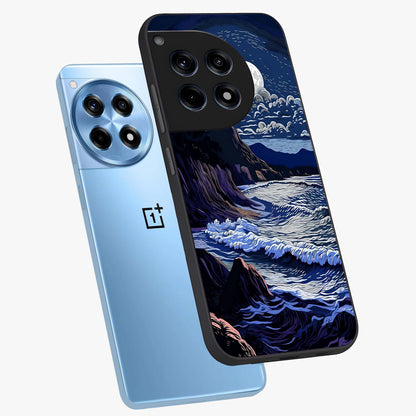 Night Moon Scenery Pattern Glass Case for 1+12R angled mockup showcasing glossy finish and deep night tones