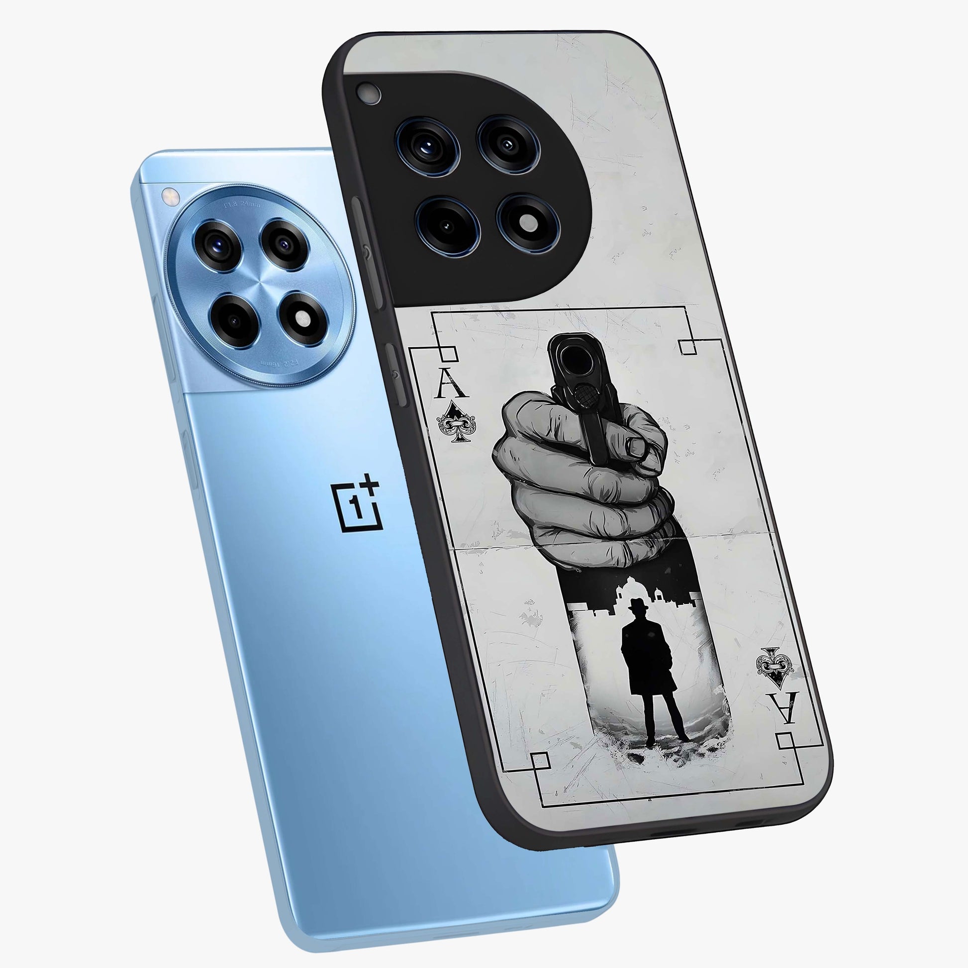 Noir Trigger Fate Glass Case for 1+12R angled mockup showcasing glossy finish and intense shadow detailing
