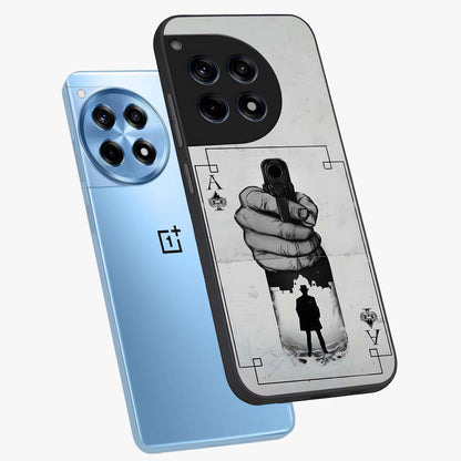 Noir Trigger Fate Glass Case for 1+12R angled mockup showcasing glossy finish and intense shadow detailing