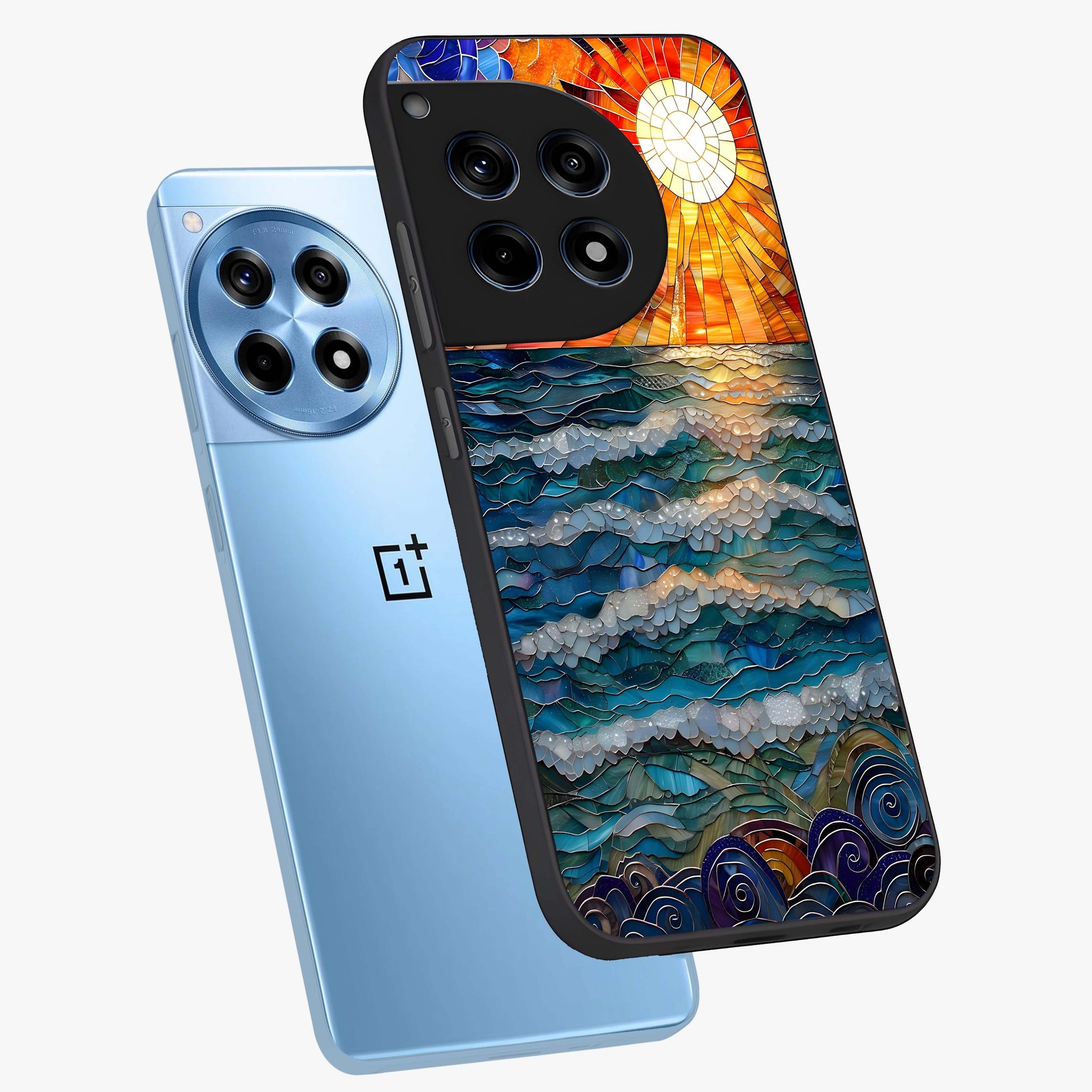 Oceanic Stained Printed Glass Case for 1+12R angled mockup showcasing glossy finish and rich aquatic tones
