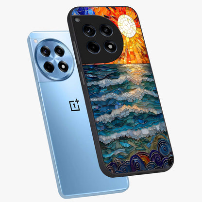 Oceanic Stained Printed Glass Case for 1+12R angled mockup showcasing glossy finish and rich aquatic tones