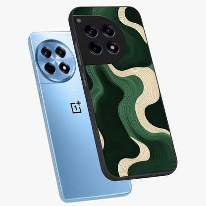 Organic Swirl Design Glass Case for 1+12R angled mockup showcasing glossy finish and smooth gradient tones