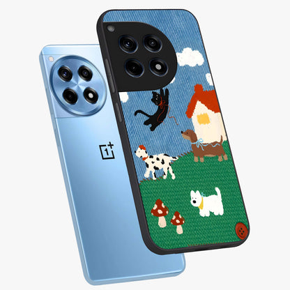 Pet Adventures Glass Case for 1+12R angled mockup showcasing glossy finish and vibrant cartoon tones